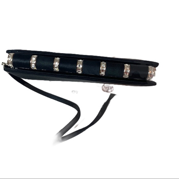 Judith Leiber black satin purse with rhinestones strap, mirror & comb - Picture 4 of 5